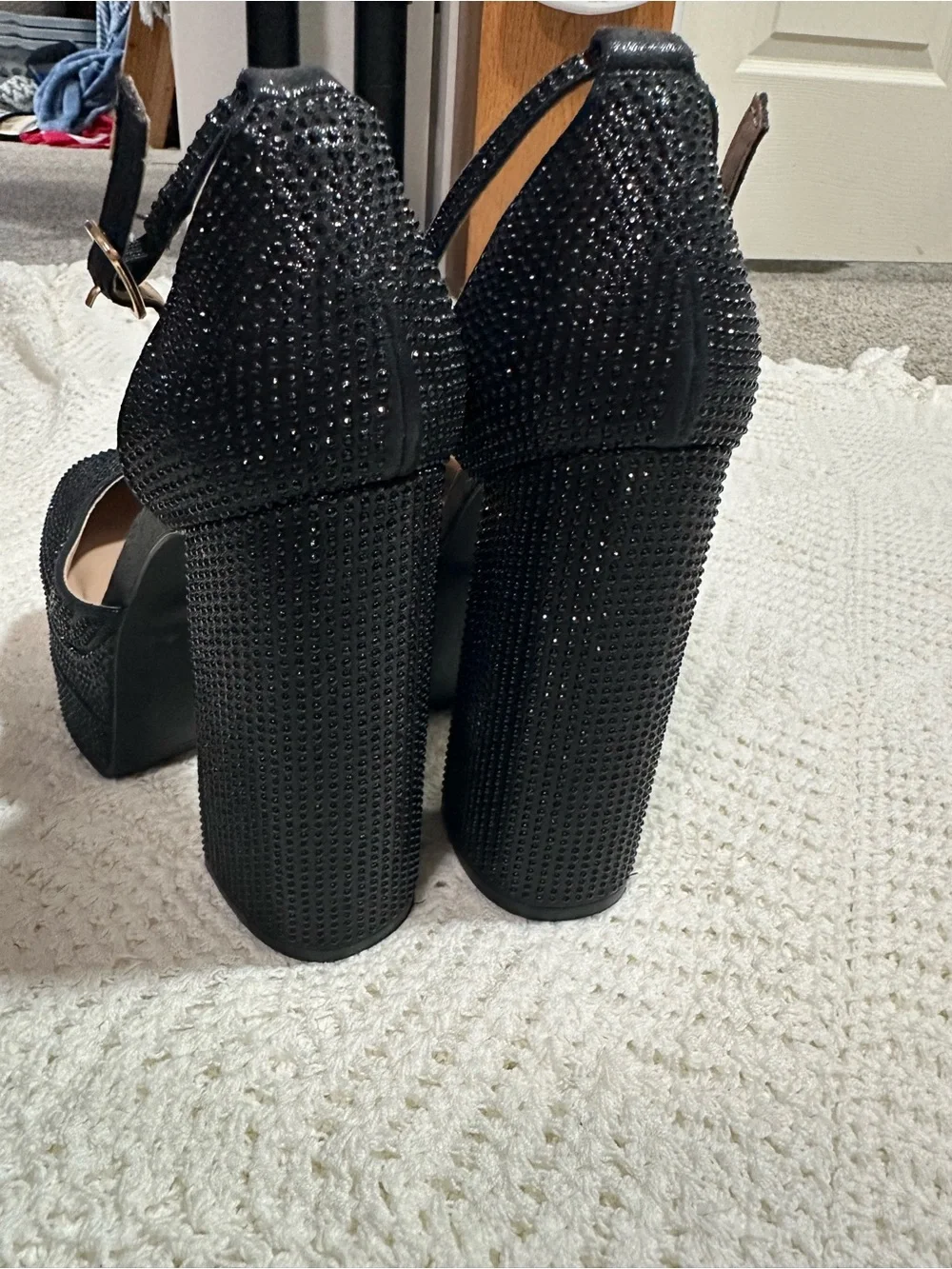 Amazon Black Crystal-Accented Platform Block Heel Sandals